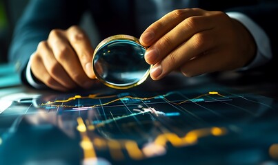 Sticker - Hand Using Magnifying Glass to Examine Financial Data on Digital Screen