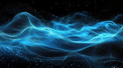 Poster - Horizontal lines of glowing blue particles creating an undulating effect on a black background, perfect for illustrating abstract digital landscapes.