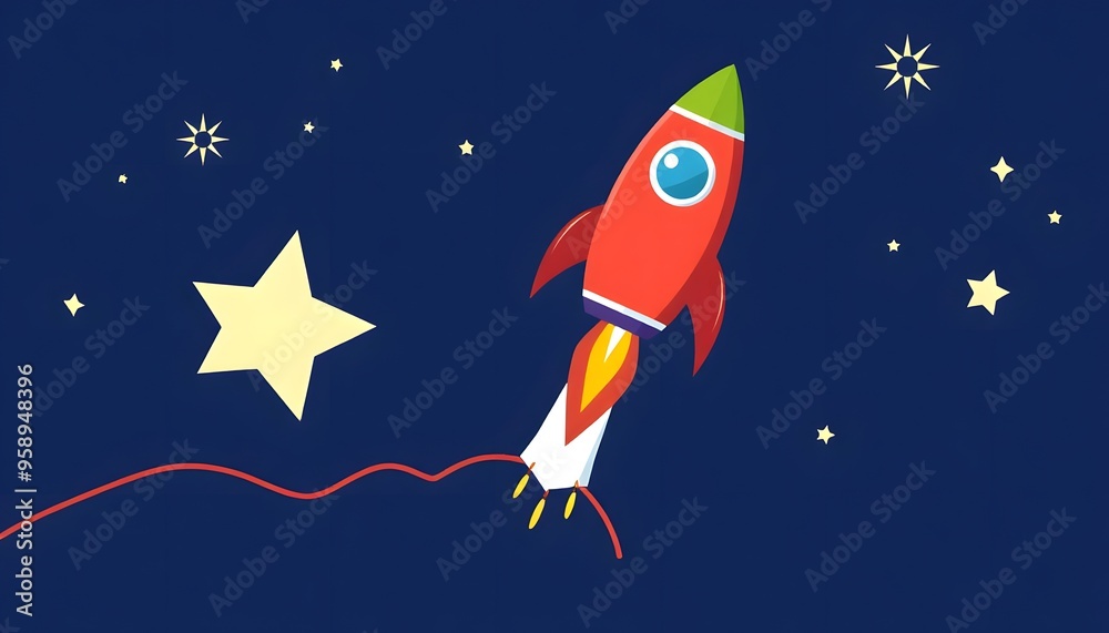 Illustration of a colorful cartoon rocket ship blasting off into a ...