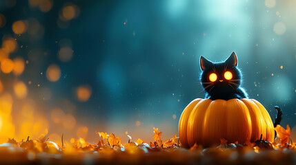 A magical black cat with glowing eyes perched on a pumpkin, surrounded by autumn leaves and a mystical blue background.