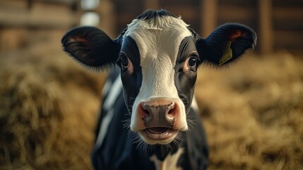 Poster - A young cow is standing in a field of hay