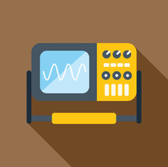 Poster - electronic device showing sinusoid signal on screen with buttons and knobs, in flat design with long