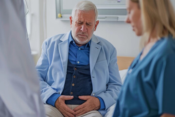 A doctor is examining an elderly man with stomach pain in the medical room, holding his belly. Portrait of senior man sharing health issues struggles with his medical professional carer practitioner