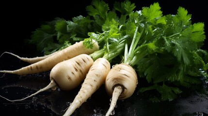 Wall Mural - Pile of fresh radish parsnips with glistening droplets of water. Advertising photography. Neural network ai generated art