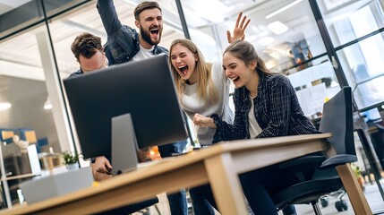 Poster - Excited team celebrates success with arms raised in the air,  looking at a computer screen.