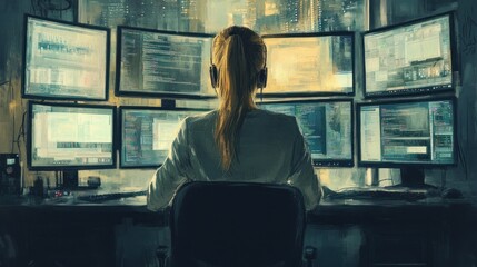 Woman Working on Multiple Screens in a Dimly Lit Office