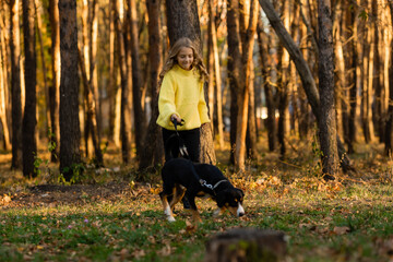 little teenage girl walks with her dog in the autumn in the forest