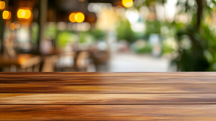 Wall Mural - Wooden Tabletop Mockup with Blurred Background of Cafe, Restaurant, and Green Outdoors.