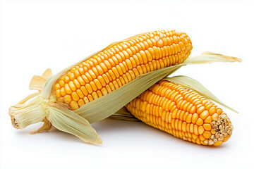 Wall Mural - Sweet corn isolated on white background, Close up shot ripe yellow corn with green husks.	