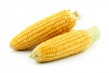 Sweet corn isolated on white background, Close up shot ripe yellow corn with green husks.	