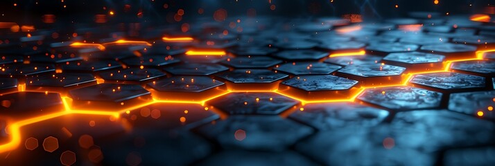 Abstract hexagonal pattern with glowing orange lines, dark blue background, and sparks.