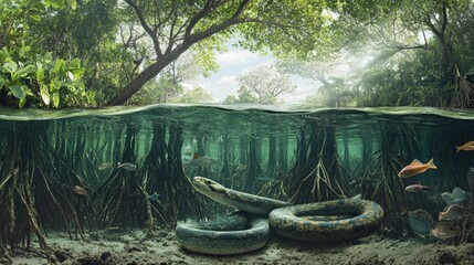 Wall Mural - A mangrove forest with roots submerged in water, home to anaconda snake , fish, birds, and crustaceans, illustrating a coastal ecosystem