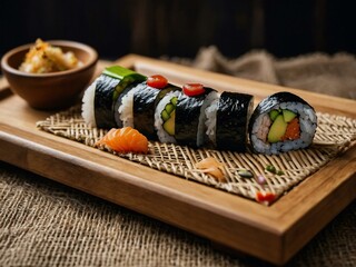 Sticker - Close-up of sushi displayed on a wooden plate, set against a burlap texture with space for additional text.