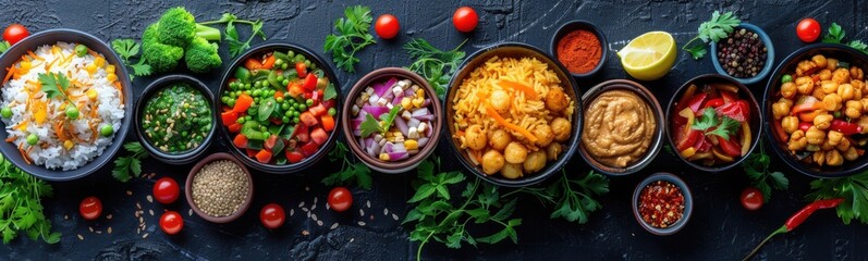 Several bowls of different foods are lined up on a table, asian food , food background, banner, copy space