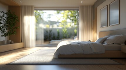 Wall Mural - A serene bedroom with a minimalist design, featuring natural light and a cozy atmosphere.