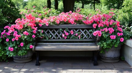 Poster - Empty Bench Adorned with Pink Flowers in a Garden