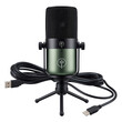 © spotlightstudio - Studio-style USB microphone with cylindrical matte black and metallic green design, compact tripod stand, white circular logos, and coiled USB-A to USB-C cable, generative ai