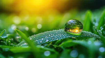 Poster - Dewdrop on Grass Blade Reflecting Sunset