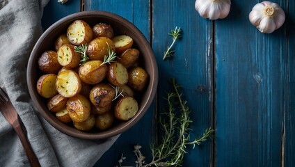 Crispy roasted potatoes with garlic and thyme on a blue wooden surface, top view with ample space for text.