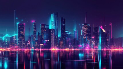 Poster - Modern urban skyline with neon lights and digital effects, showcasing a panoramic, high-tech cityscape for futuristic technology and science concepts.