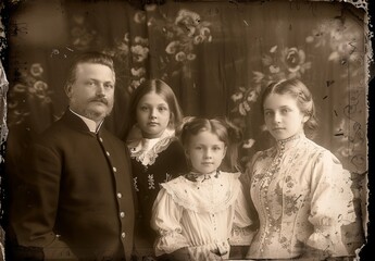 old photo of family, in the victorian style, father mother and two daughters, black background, sepia tone. style of 19th century style, vintage retro style Sepia-Toned Vintage Family Portrait