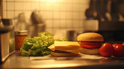 A cheeseburger being prepared, with ingredients like cheese, tomatoes, and lettuce arranged neatly on a kitchen counter.