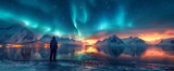 Silhouette of a person standing on the shore of a frozen lake with colorful aurora borealis in the sky and mountains in the background.