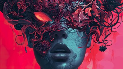 Poster - Surreal Portrait of a Woman with Floral Elements