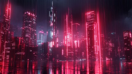 Poster - Panoramic view of a neon-lit cityscape with cutting-edge urban architecture and futuristic digital effects. Perfect for high-tech and science concepts.
