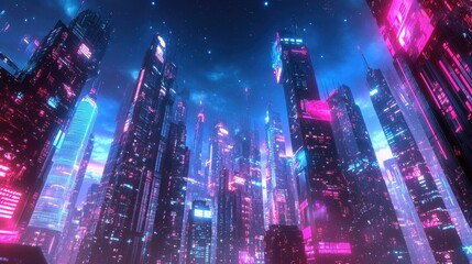 Poster - Panoramic view of a neon-lit cityscape with cutting-edge urban architecture and futuristic digital effects. Perfect for high-tech and science concepts.
