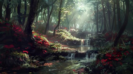 Sticker - Enchanted Forest Stream - A Dreamy Landscape Painting