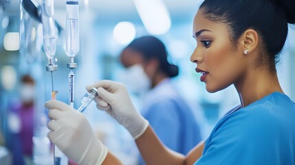 Wall Mural - A female nurse prepares medication in a hospital setting.