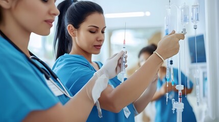 Wall Mural - Two female nurses prepare a syringe for an IV drip.