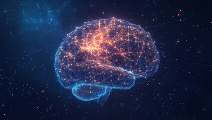 Aufkleber - A glowing brain made of interconnected lines and dots, floating in space and representing the complexity and intelligence within artificial vision technology Generative AI