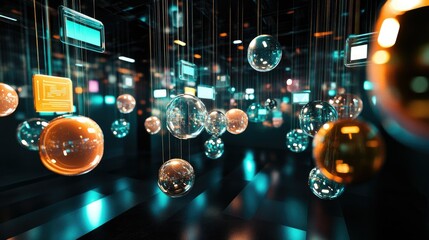Poster - Room filled with floating, shiny chat bubbles, reflecting modern technology and digital messaging in a sophisticated environment.