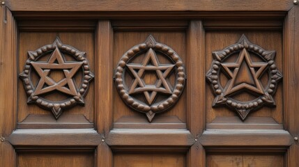 Poster - Three star shaped carvings on a wooden door, AI