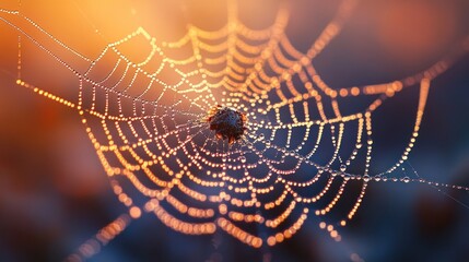 Wall Mural - Dewdrops on a Spider Web at Sunrise