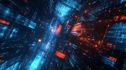 Poster - Abstract digital background with glowing blue and orange lines and squares, resembling a futuristic city or cyberspace.