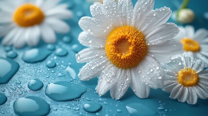 Wall Mural - Close-up of Dewy Daisies on a Blue Background