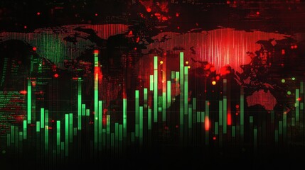 Poster - Stock market graph with green and red candlesticks, world map in the background