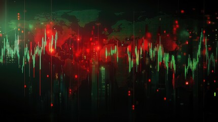 Poster - Stock market graph with green and red candlesticks, world map in the background