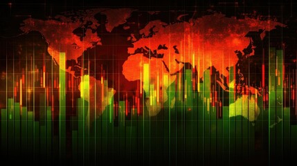 Poster - Stock market graph with green and red candlesticks, world map in the background