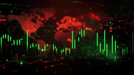 Poster - Stock market graph with green and red candlesticks, world map in the background