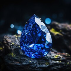 A beautiful blue sapphire diamond is elegantly sitting on top of a rock. the gemstone shimmers