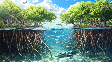 A mangrove forest with roots submerged in water, home to fish, birds, and crustaceans, illustrating a coastal ecosystem