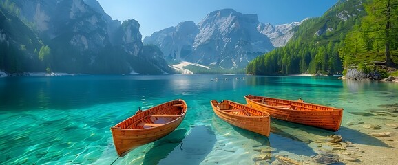 Wall Mural - Three wooden boats on a clear mountain lake with beautiful turquoise water and a stunning mountain backdrop.