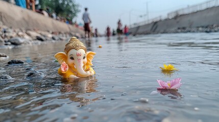 Traditional Ganesha Idol Immersion Ceremony in River with Devotees Offering Flowers and Prayers.