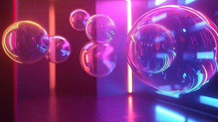 Poster - Stylish room with a collection of shiny chat bubbles floating and shimmering, ideal for illustrating modern digital messaging and tech themes.