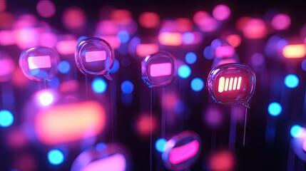Poster - Stylish room with a collection of shiny chat bubbles floating and shimmering, ideal for illustrating modern digital messaging and tech themes.