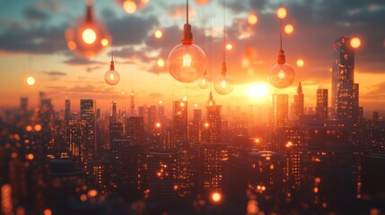 Poster - Cityscape at Sunset with Hanging Lights